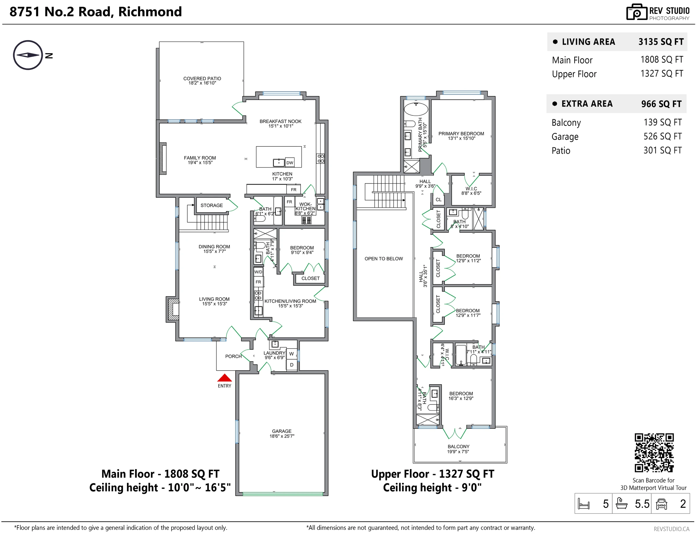 Floor plan of 8751 No. 2 Road over two levels, showing every room with its dimensions